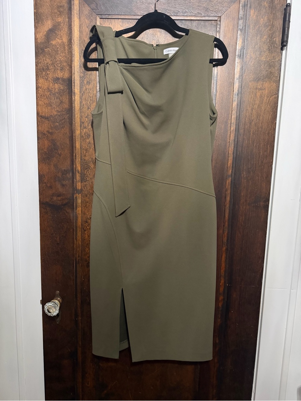 Calvin Klein Olive Green Sleeveless Midi Dress with Shoulder Tie Detail